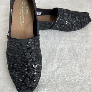 TOMS Black Sequin Classic Slip On Flats Shoes Women's Size 6.5